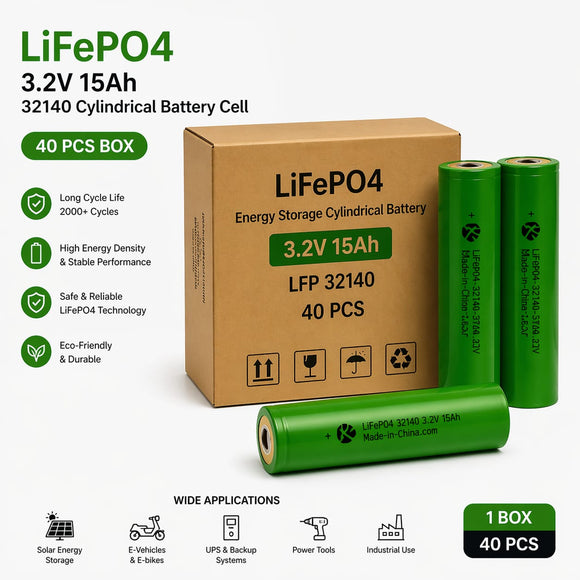 LifePO4 3.2v 15ah 32140 cylindrical Battery cell- 40 pcs Box(Energy st ...